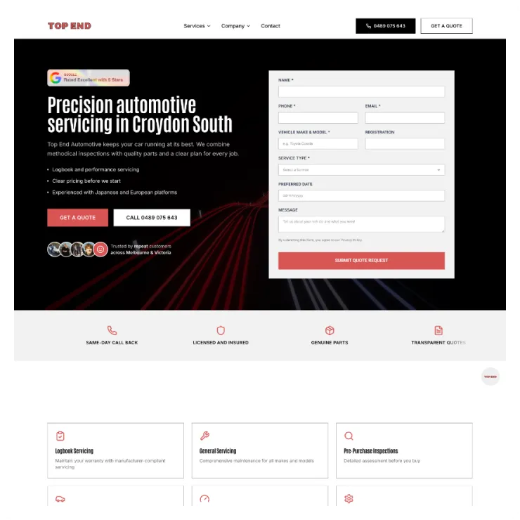 Project thumbnail – Top End Automotive V2 Website Multipage Update